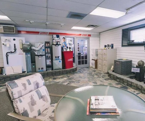 LSM residential showroom with furnace and heating equipment displays