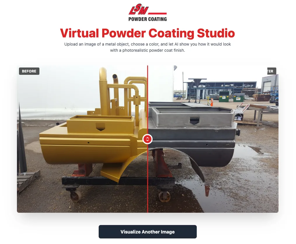 Screenshot of LSM's Virtual Powder Coating Studio showing a before and after preview of a powder coated machine