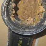 Interior of a drain pipe heavily coated with buildup before flex shaft cleaning